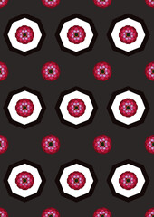 Hexagonal Shapes – Large hexagons outlined in black with a white center, each containing a stylized flower resembling a mosaic or stained-glass rose. The flower is composed of shades of red, pink, and