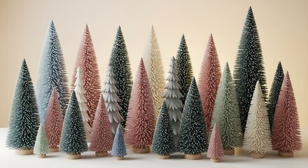 Pastel bottle brush Christmas trees arranged in winter holiday decor, modern minimalist tabletop centerpiece, festive decorations for home or event, soft neutral tones, cozy seasonal style