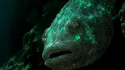 Close-up of a bioluminescent fish, dark green bioluminescence dots cover its bumpy skin, against a dark underwater scene, highlighting the fish's head and upper body