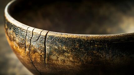Close-up of a weathered wooden bowl, showing deep cracks.  The bowl's surface exhibits varying shades of brown and dark tones, with a worn, aged appearance
