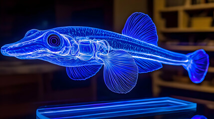 3D rendered, glowing blue fish, skeletal structure visible.  Detailed anatomical view of a small fish,  highlighted in neon blue light.  Floating on a clear glass base, in a dark room