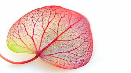 Delicate, translucent leaf with vibrant red veins.  Close-up of leaf structure showing intricate network of veins. Pale green and red hues