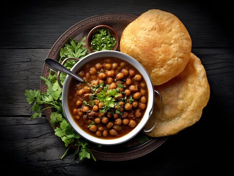 Freshly made pindi chole served bhature garnished with coriander North Indian meal rich curry appetizing food styling