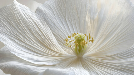 Close-up of a large, delicate, white flower.  Soft, light-toned petals radiate outward from a central, golden-yellow stamen