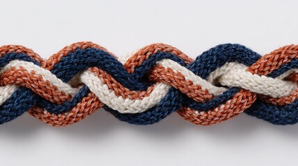 Close-up of dark blue, white, terracotta braid with knitted fabric texture on plain black velvet background. Flat lay perspective showcases design elements.