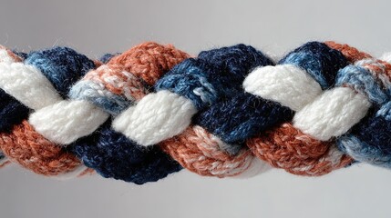 Close-up of dark blue, white, terracotta braid with knitted fabric texture on plain black velvet background. Flat lay perspective showcases design elements.