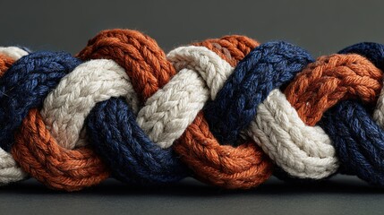Close-up of dark blue, white, terracotta braid with knitted fabric texture on plain black velvet background. Flat lay perspective showcases design elements.