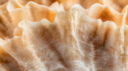 Close-up view of a textured seashell, showing intricate, ruffled layers of light beige and tan.  Detailed, delicate folds create a unique pattern