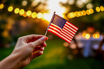 Woman's hand holding a small American flag at a backyard party during sunset. A warm, festive scene with bokeh lights representing community, celebration, and holidays like the 4th of July