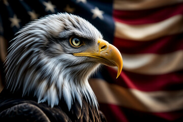 A powerful close-up portrait of a Bald Eagle, the national symbol of the USA, in front of an American flag. This image represents American strength, freedom, power, patriotism, and pride