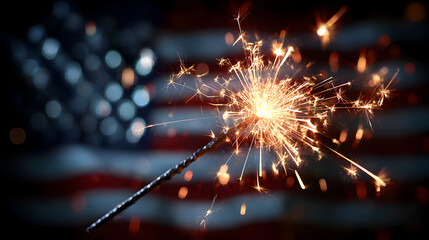A sparkler burning brightly in front of a blurred american flag for independence day celebration