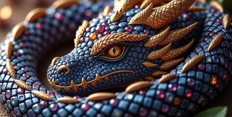 Fototapeta premium Blue dragon with textured scales and golden accents against dark background 