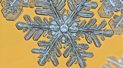 Close-up of a complex, intricate snowflake, showcasing delicate crystalline structures.  Clear, ice crystals arranged in a symmetrical pattern