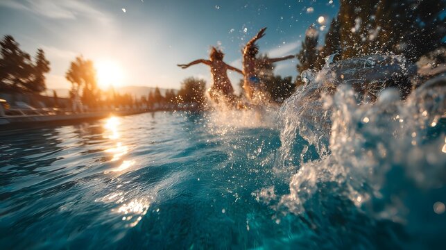 Friends jumping into a pool mid air splash frozen in time