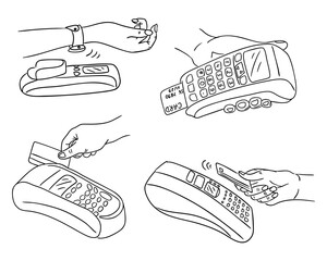 Collection of hand drawn illustrations showing different types of terminal payments via cards, phones and smartwatches. Depicts digital transaction methods, financial technology