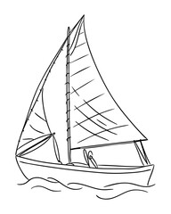 Sailing boat doodle in black and white line style with large sails floating on water. Symbolizes freedom, exploration, marine travel and peaceful ocean adventure