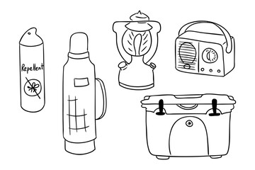 Camping gear doodle set in black and white line art style, including thermos, cooler, mosquito spray, lantern, and radio. Represents outdoor adventure, summer camping essentials and survival equipment