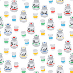 Seamless pattern with colorful paint jars in various shades arranged on a white background. Represents creativity, artistic tools and playful craft material design