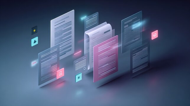 Futuristic Digital Documents and Data Forms Interface with Modern 3D Elements for Premium Technology, Business, and Information Management Concept