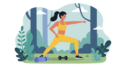 A vibrant, flat design illustration showcases a woman in yellow workout gear exercising outdoors in a lush forest, ideal for a fitness app landing page or marketing banner.