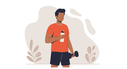 A man in athletic wear holds a water bottle and dumbbell, representing fitness and a healthy lifestyle with modern flat design elements.