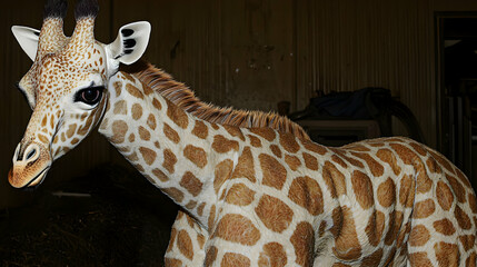Close-up of a young giraffe, spotted pattern, detailed coat, attentive gaze, in enclosure