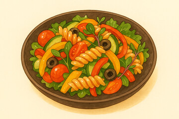 Fusilli Pasta Salad with Fresh Vegetables in a Bowl