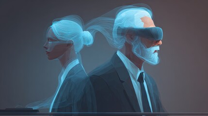 Business Professionals with Virtual Reality and Digital Overlays Symbolizing Artificial Intelligence Collaboration and Futuristic Technology Concept