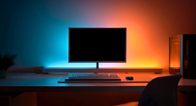 Modern computer setup with a sleek monitor keyboard and mouse illuminated by vibrant blue and orange ambient lighting on a desk with a plant and pc tower