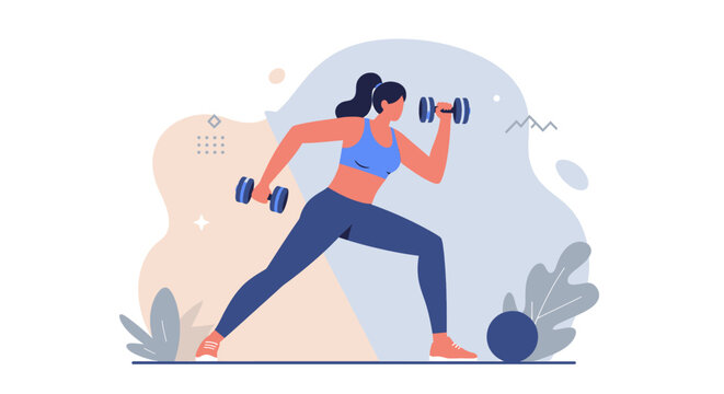 A woman in sportswear is depicted in a flat design illustration, exercising with dumbbells as part of a fitness routine, perfect for a landing page or banner.