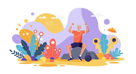 A senior man engages in an energetic jumping jack workout in a vibrant outdoor setting, perfect for a health and wellness landing page or marketing banner.