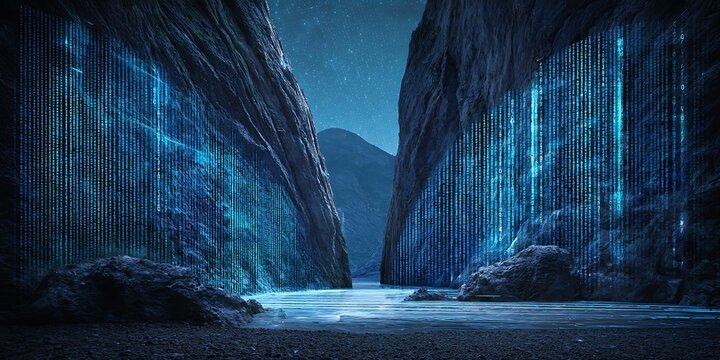 Digital matrix in canyon futuristic landscape