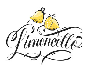 Limoncello. Illustration sliced lemon juice. Label of the citrus fruit drink is made with calligraphy on white background