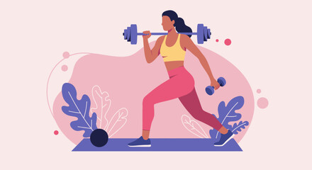 A vibrant flat design illustration showcasing a woman exercising with dumbbells and a barbell on a yoga mat, ideal for a fitness landing page or banner.