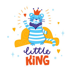 Little King. Invitation, poster with for baby shower party. Cute blue tiger with crown on head. Vector minimalistic illustration