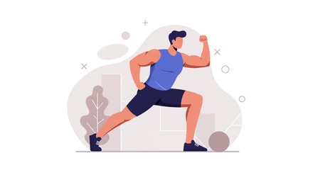 Fit man in sportswear performing lunges and flexing bicep, representing fitness and active lifestyle in flat design.