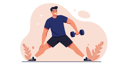A cheerful man in a modern flat design illustration is actively working out with a dumbbell, promoting a healthy and active lifestyle.