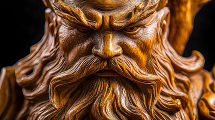 Close-up of a detailed wooden carving of a fierce, ancient warrior, with intricate details on face and beard.  Intense gaze