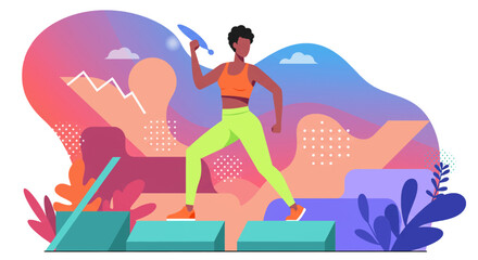 A dynamic flat design illustration depicts an athletic woman engaging in an active pose amidst abstract data elements, perfect for digital marketing and web design.