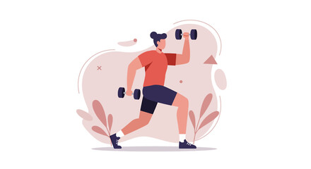 Flat design illustration of a person doing lunges with dumbbells, perfect for fitness websites, marketing materials, presentations, and social media banners.