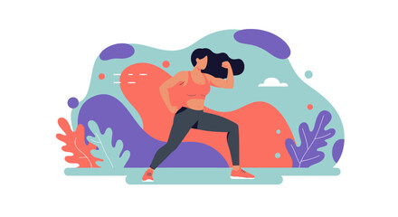 A vibrant illustration showcases a fit woman in athletic attire, posing confidently against a backdrop of colorful, abstract shapes, perfect for web design and marketing materials.