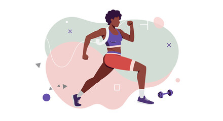 Flat design illustration of a young Black woman jogging, ideal for fitness websites, banners, landing pages, and marketing presentations. Perfect for health and wellness brands needing vibrant