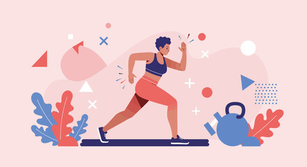 An illustrated woman in sportswear runs on a treadmill in a modern, flat design style, with a kettlebell and abstract shapes in a pastel-colored environment.
