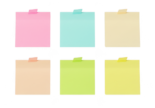 Six colorful sticky notes with tape isolated on transparent background - Powered by Adobe