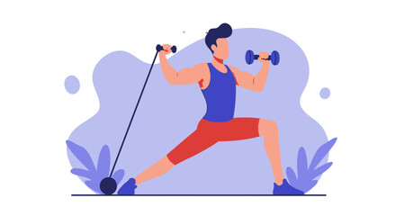 A fit man in a modern flat design illustration performs lunges with resistance bands and dumbbells, perfect for web design and marketing banners.