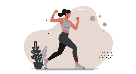 A vector illustration showcases a woman running in sportswear against an abstract backdrop, perfect for a health and fitness landing page or marketing banner.