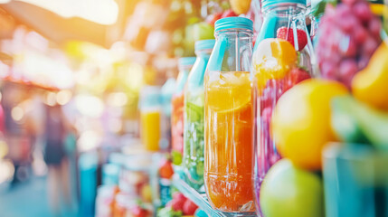 Summer refresh: Colorful row of homemade fruit infused water for healthy hydration