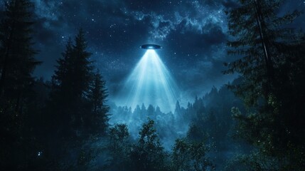 A glowing UFO over a dark, misty forest at night