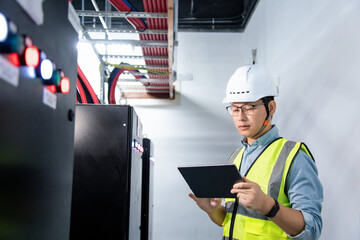  asian technician performs maintenance on backup power system battery