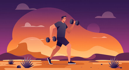 A muscular man is engaged in a fitness routine, lifting dumbbells against a vibrant desert backdrop, perfect for a landing page promoting health and wellness programs. © Vector Market